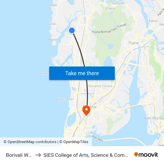 Borivali West to SIES College of Arts, Science & Commerce map