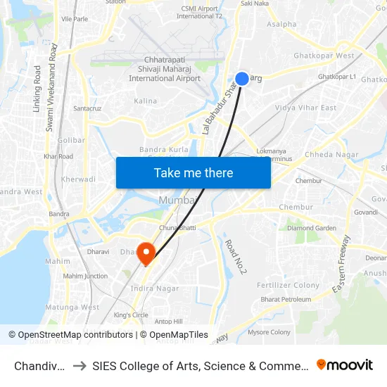Chandivali to SIES College of Arts, Science & Commerce map