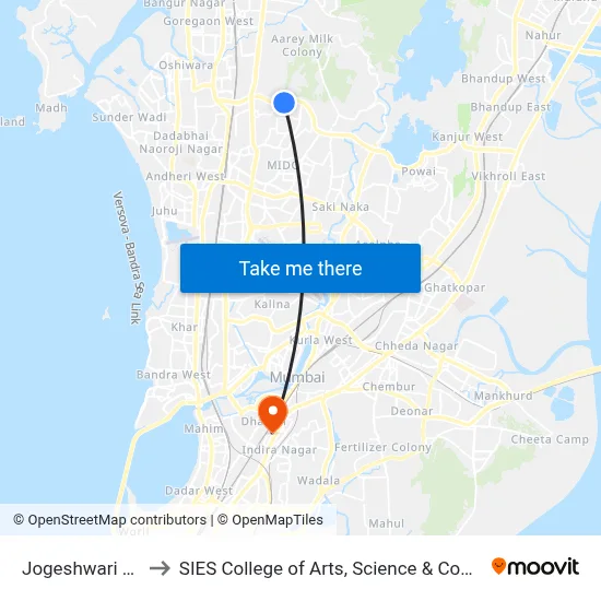 Jogeshwari East to SIES College of Arts, Science & Commerce map