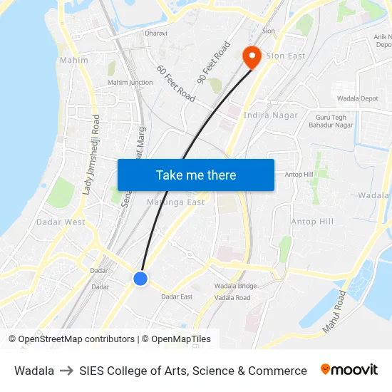 Wadala to SIES College of Arts, Science & Commerce map
