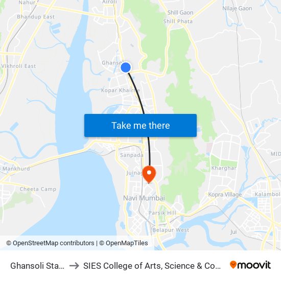 Ghansoli Railway Station to SIES College of Arts, Science & Commerce map