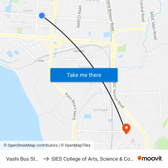 Vashi Bus Station to SIES College of Arts, Science & Commerce map