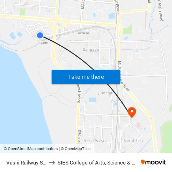 Vashi Railway Station to SIES College of Arts, Science & Commerce map