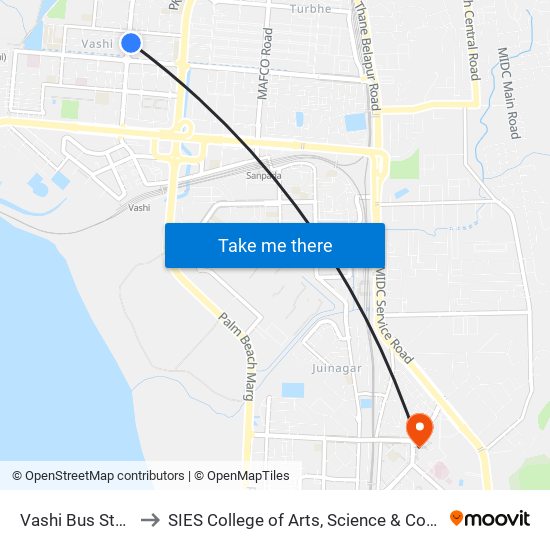 Vashi Bus Station to SIES College of Arts, Science & Commerce map