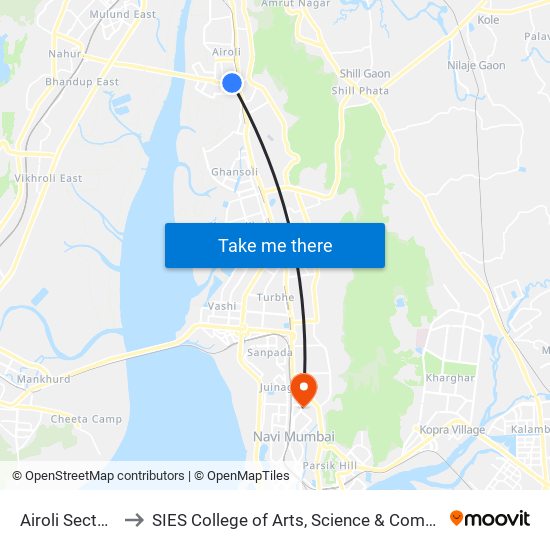 Airoli Sector 5 to SIES College of Arts, Science & Commerce map