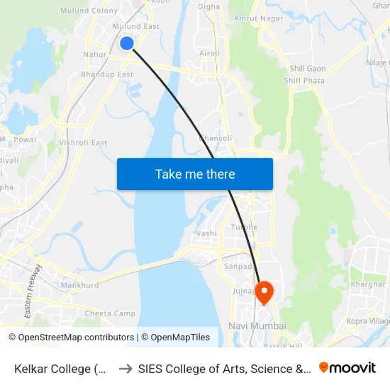 Kelkar College (Mulund) to SIES College of Arts, Science & Commerce map