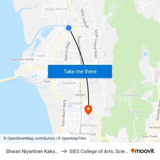 Shwan Niyantran Kaksha (Kopri Gaon) to SIES College of Arts, Science & Commerce map
