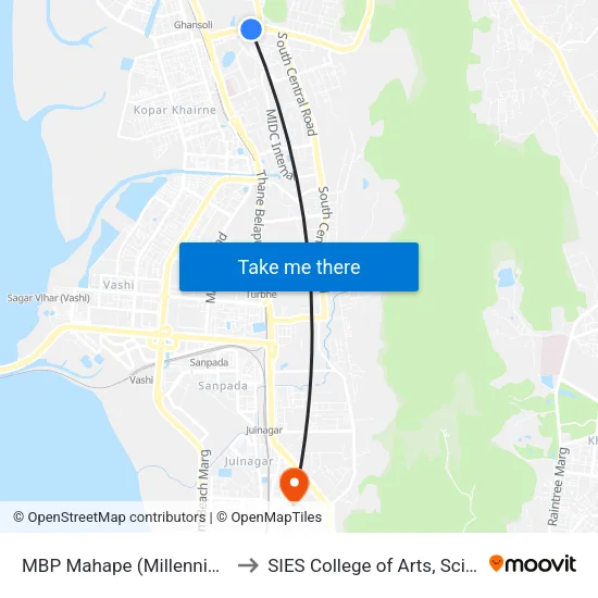 MBP Mahape (Millennium Business Park) to SIES College of Arts, Science & Commerce map