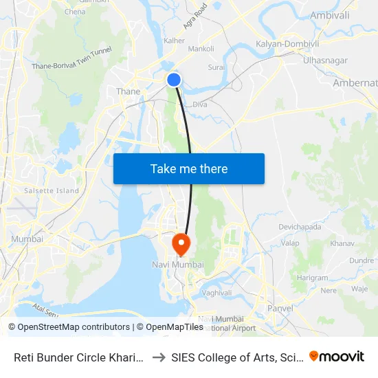Reti Bunder Circle Kharigaon (Kalwa) BEST to SIES College of Arts, Science & Commerce map