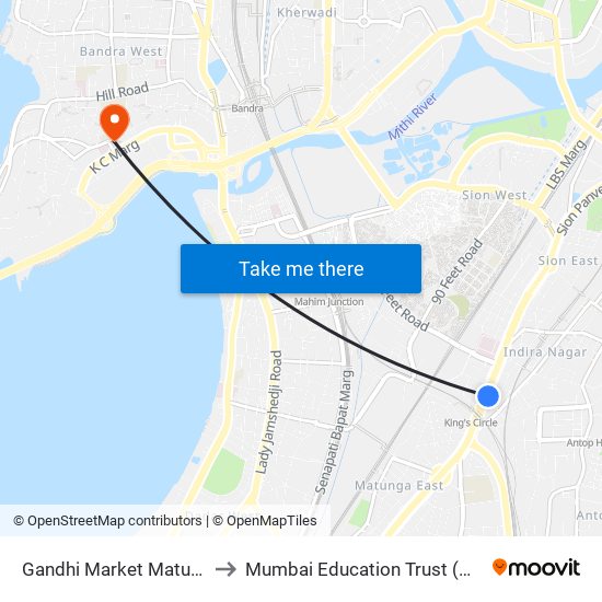 Gandhi Market Matunga to Mumbai Education Trust (MET) map