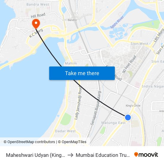 Maheshwari Udyan (Kings Circle) to Mumbai Education Trust (MET) map