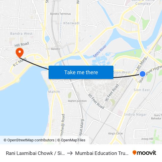 Rani Laxmibai Chowk / Sion Talao to Mumbai Education Trust (MET) map