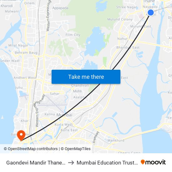 Gaondevi Mandir Thane (East) to Mumbai Education Trust (MET) map