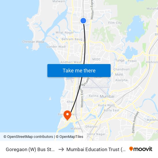 Goregaon (W) Bus Station to Mumbai Education Trust (MET) map