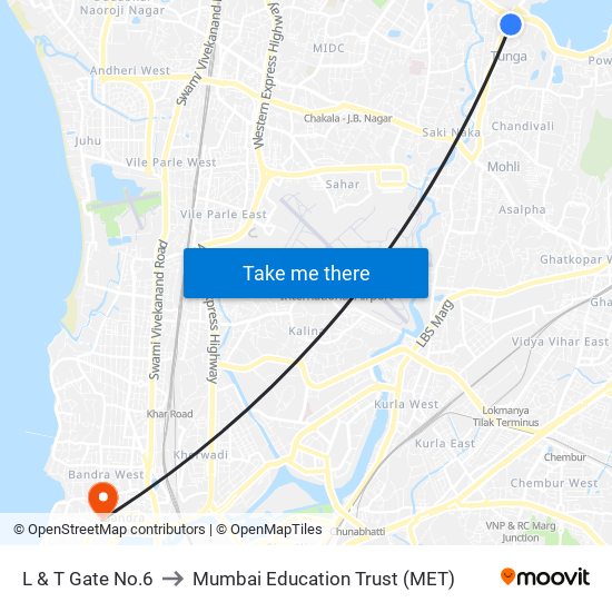 L & T Gate No.6 to Mumbai Education Trust (MET) map