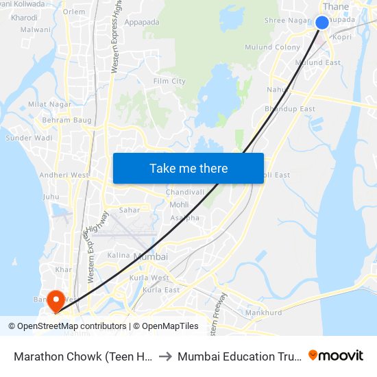 Marathon Chowk (Teen Hath Naka) to Mumbai Education Trust (MET) map