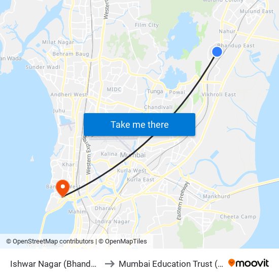 Ishwar Nagar (Bhandup W) to Mumbai Education Trust (MET) map