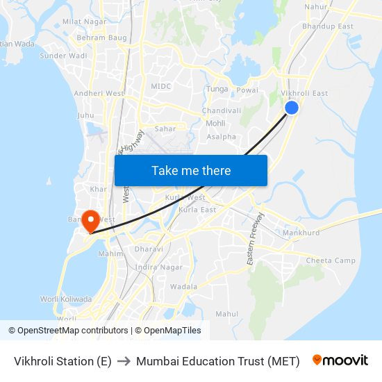 Vikhroli Station (E) to Mumbai Education Trust (MET) map