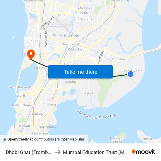 Dhobi Ghat (Trombay) to Mumbai Education Trust (MET) map