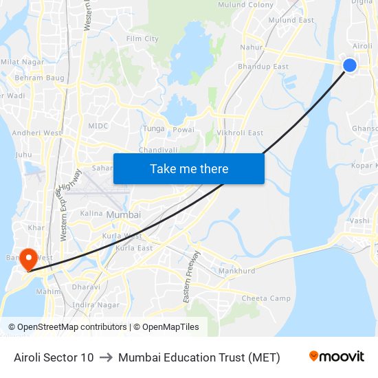 Airoli Sector 10 to Mumbai Education Trust (MET) map