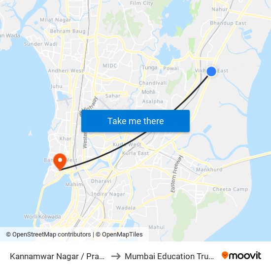 Kannamwar Nagar / Pravin Hotel to Mumbai Education Trust (MET) map