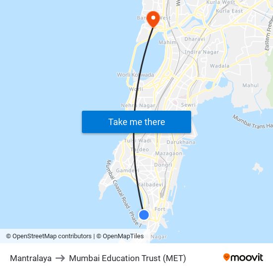 Mantralaya to Mumbai Education Trust (MET) map