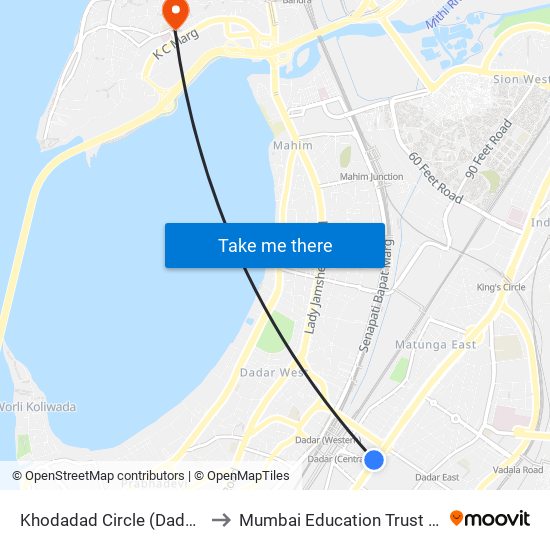 Khodadad Circle (Dadar T.T.) to Mumbai Education Trust (MET) map