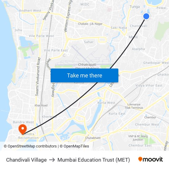 Chandivali Village to Mumbai Education Trust (MET) map