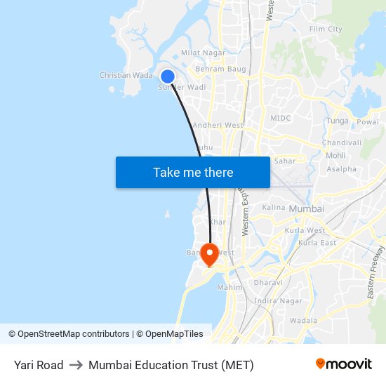Yari Road to Mumbai Education Trust (MET) map