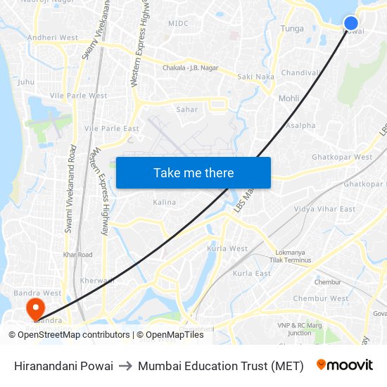 Hiranandani Powai to Mumbai Education Trust (MET) map