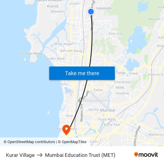 Kurar Village to Mumbai Education Trust (MET) map