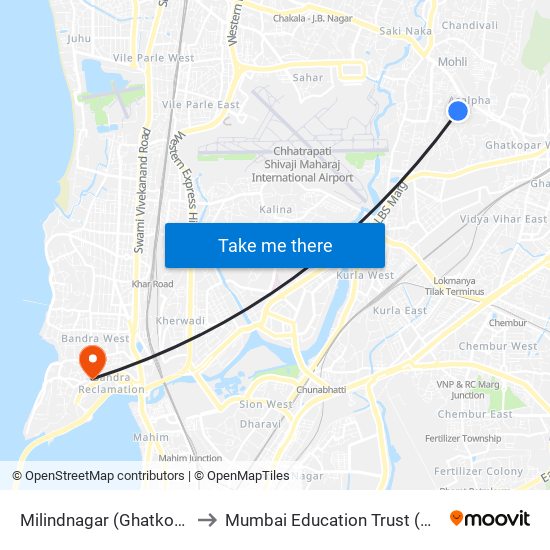 Milindnagar (Ghatkopar) to Mumbai Education Trust (MET) map