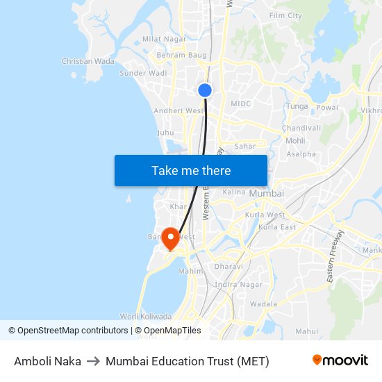 Amboli Naka to Mumbai Education Trust (MET) map