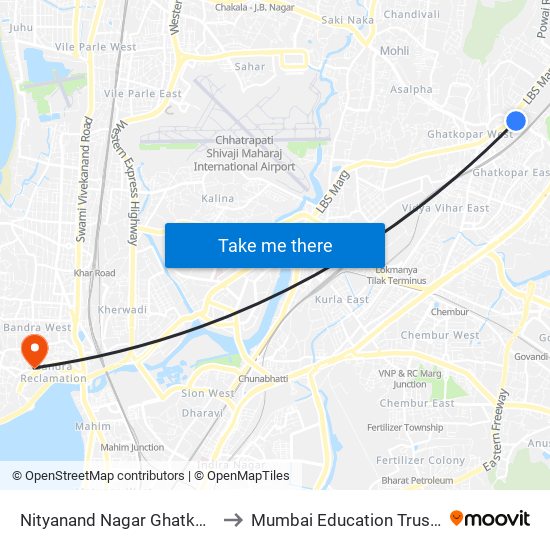 Nityanand Nagar Ghatkopar (W) to Mumbai Education Trust (MET) map