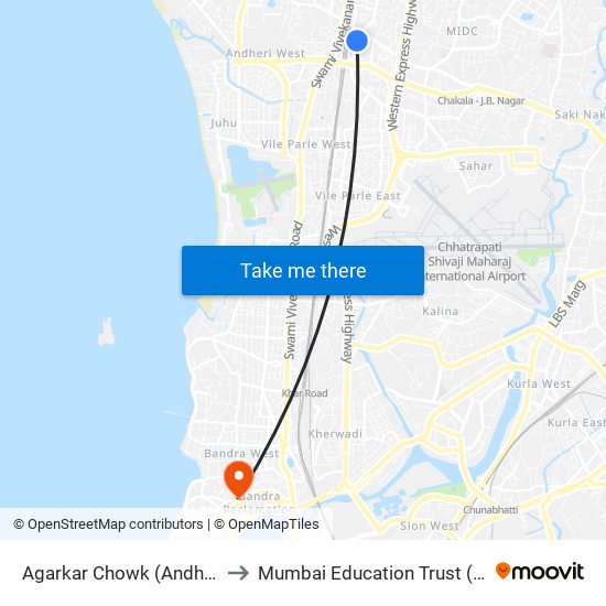 Agarkar Chowk (Andheri E) to Mumbai Education Trust (MET) map