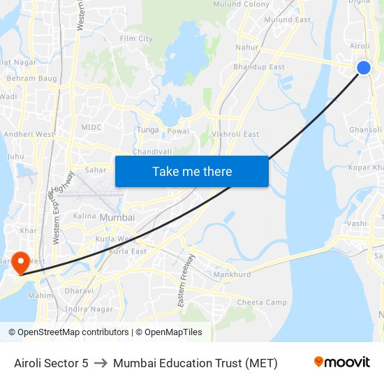 Airoli Sector 5 to Mumbai Education Trust (MET) map