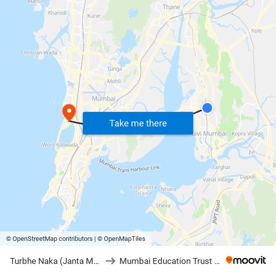 Turbhe Naka (Janta Market) to Mumbai Education Trust (MET) map