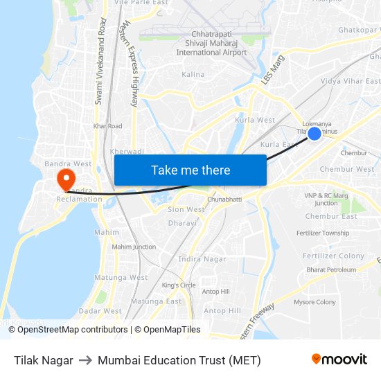 Tilak Nagar to Mumbai Education Trust (MET) map