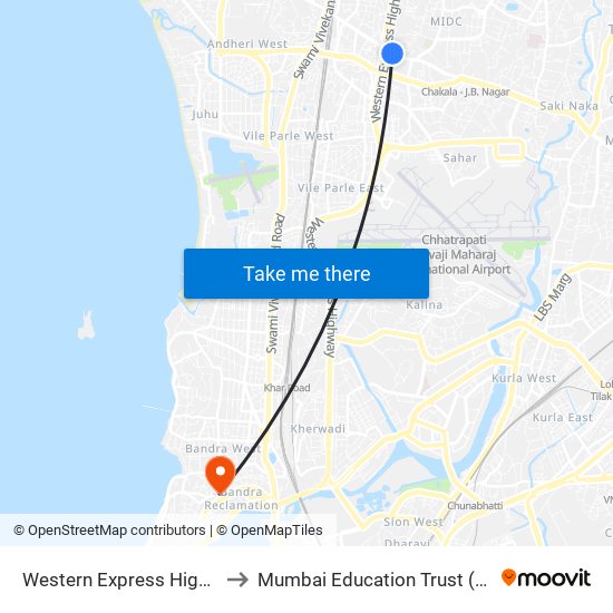 Western Express Highway to Mumbai Education Trust (MET) map