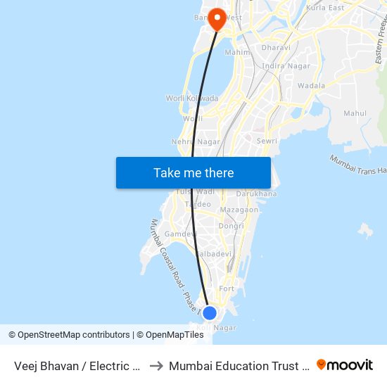 Veej Bhavan / Electric House to Mumbai Education Trust (MET) map