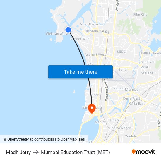 Madh Jetty to Mumbai Education Trust (MET) map