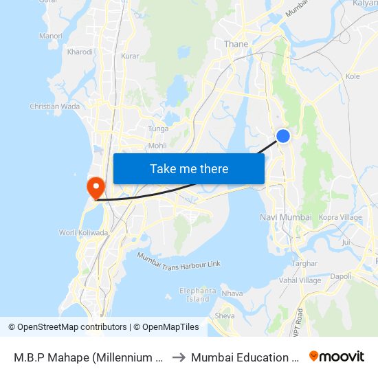 M.B.P.Mahape (Millennium Business Park) to Mumbai Education Trust (MET) map