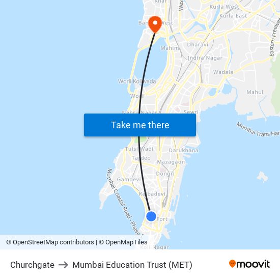 Churchgate to Mumbai Education Trust (MET) map