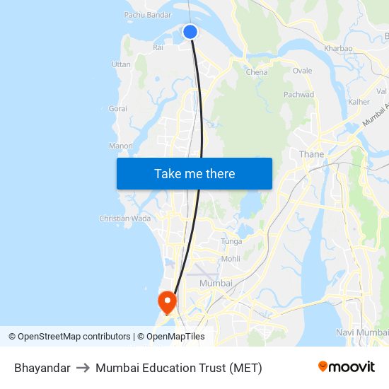 Bhayandar to Mumbai Education Trust (MET) map