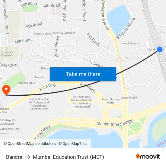 Bandra to Mumbai Education Trust (MET) map