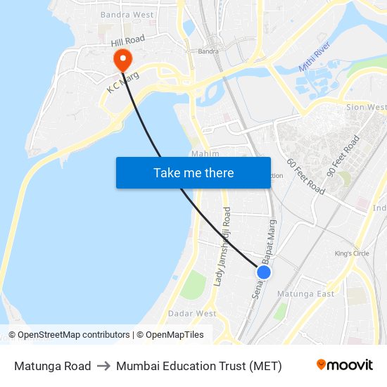 Matunga Road to Mumbai Education Trust (MET) map