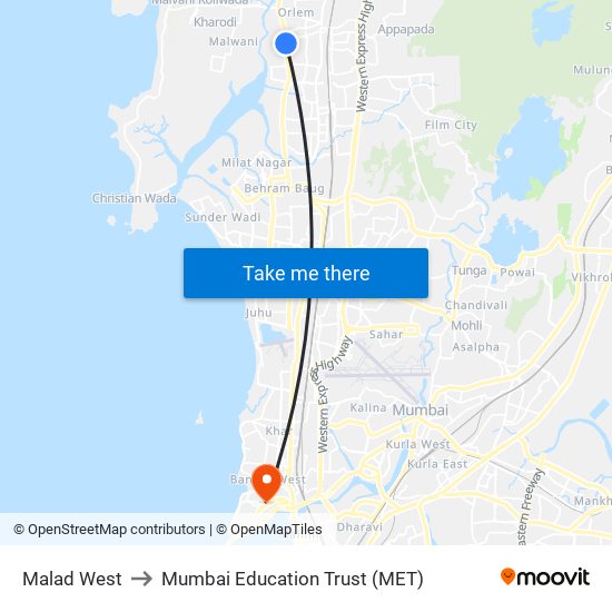 Malad West to Mumbai Education Trust (MET) map