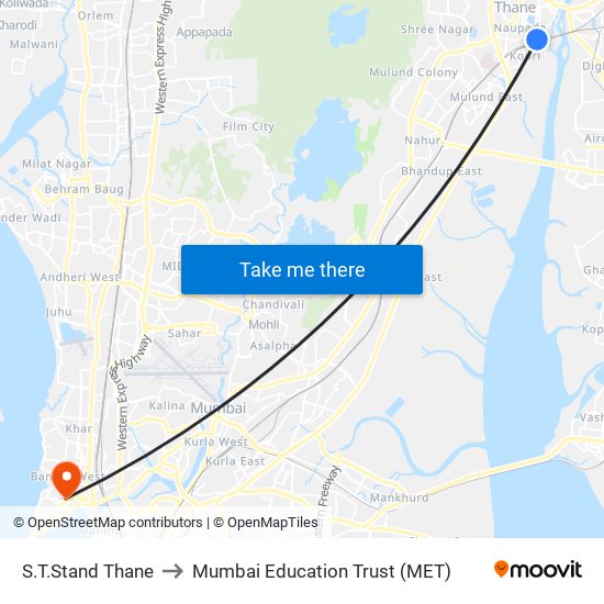 S.T Stand Thane to Mumbai Education Trust (MET) map