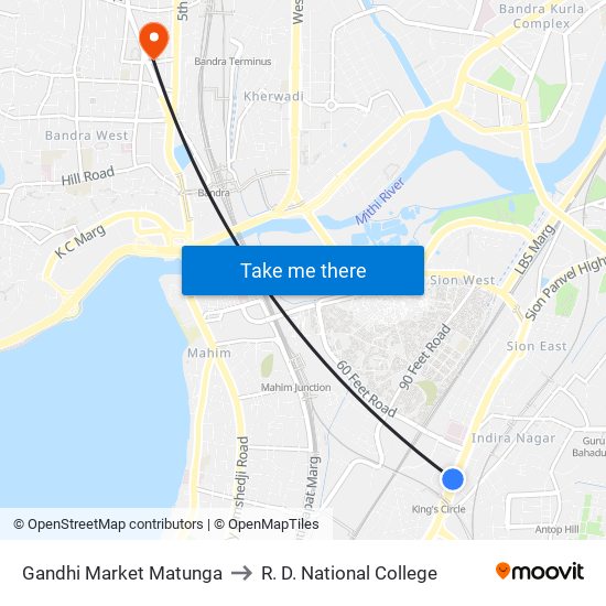 Gandhi Market Matunga to R. D. National College map