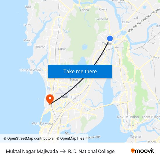 Muktai Nagar Majiwada to R. D. National College map